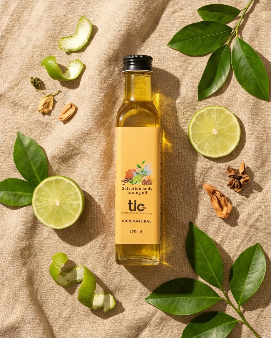 Herbal Body Toning Oil – Sesame, Linseed, Lime, Turmeric & Ajwain Oil for Firm Skin & Stretch Mark Care | Tlcforyou