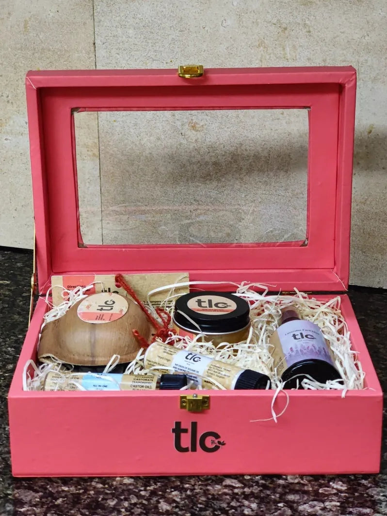 Natural Self-Care Gift Box (Large) – Handcrafted Skincare Set with Herbal Soap, Aloe Vera Gel, Lavender Face Mist & Body Milk | Tlcforyou