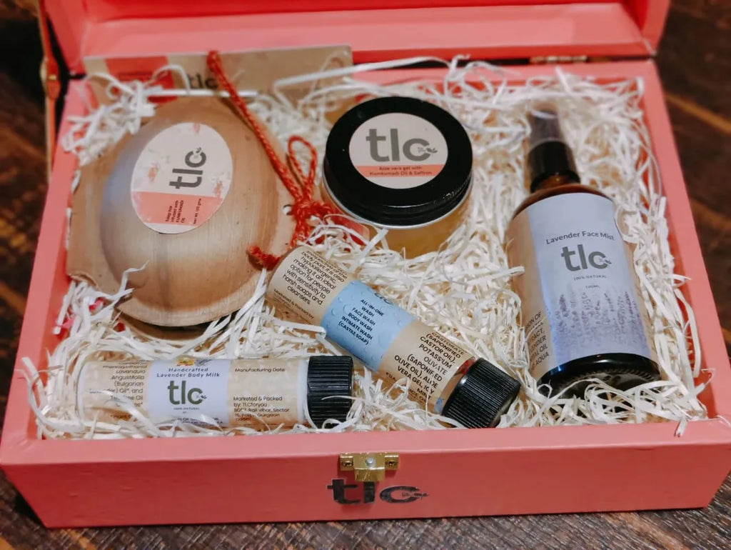 Natural Self-Care Gift Box (Large) – Handcrafted Skincare Set with Herbal Soap, Aloe Vera Gel, Lavender Face Mist & Body Milk | Tlcforyou