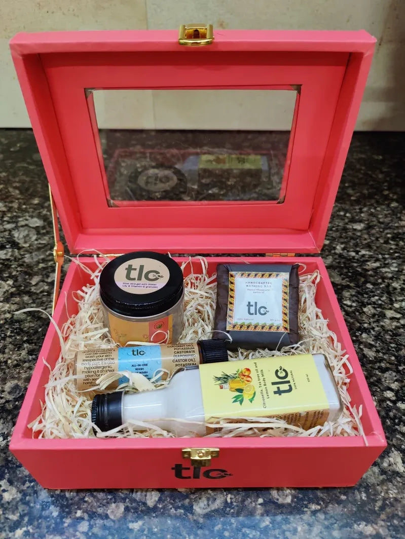 Natural Self-Care Gift Box (Medium) – Herbal Soap, Aloe Vera Gel, Body Milk & Castile Soap Travel Pack | Tlcforyou